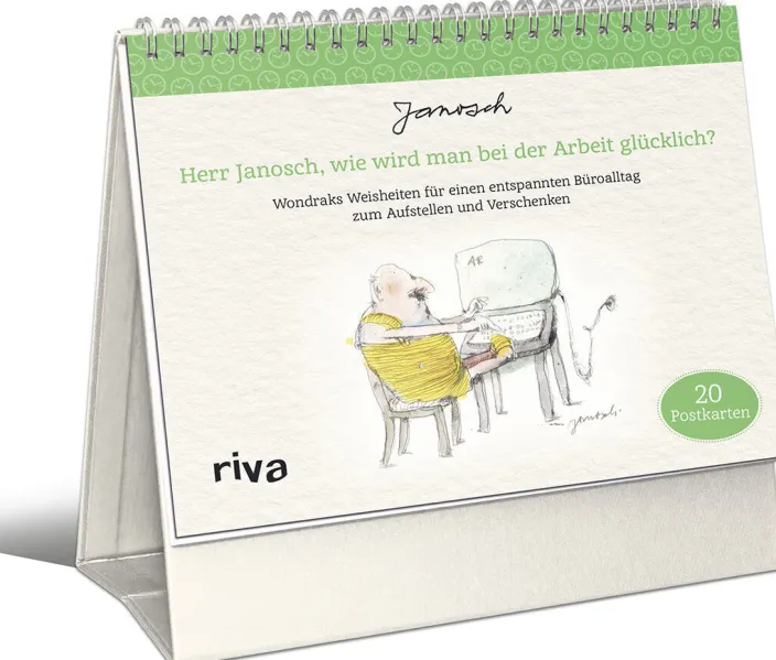 Postkartenaufsteller »Herr Janosch, wie wird man bei der Arbeit glücklich?«